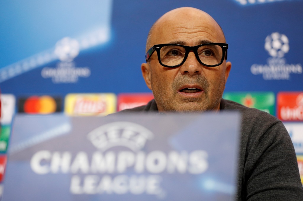 Sevilla coach Jorge Sampaoli during the press conference. Reuters / John Sibley Livepic
