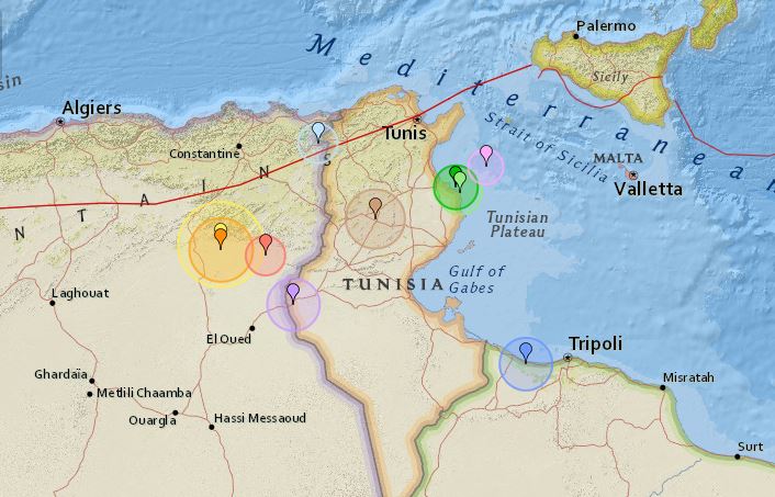 Recent Earthquakes Near Tunisia / National Geographic World Map.