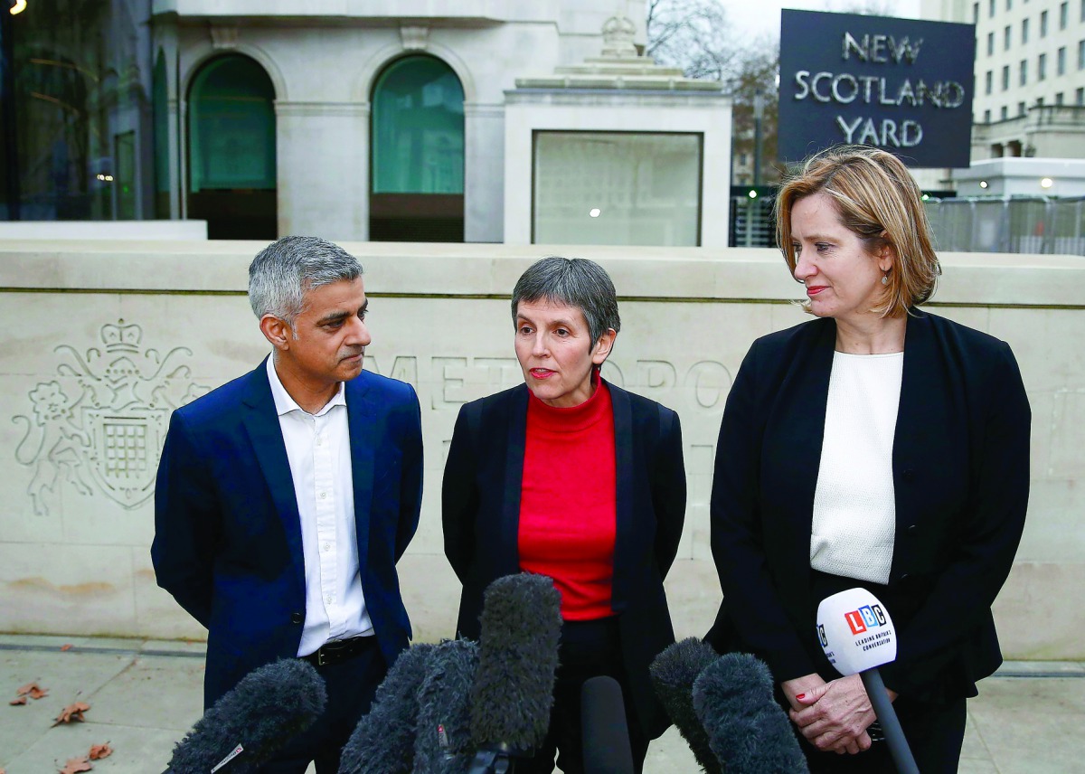 New Metropolitan Police Commissioner, Cressida Dick (centre), with London Mayor, Sadiq Khan, (left) and Britain's Home Secretary, Amber Rudd, at New Scotland Yard in London, yesterday.