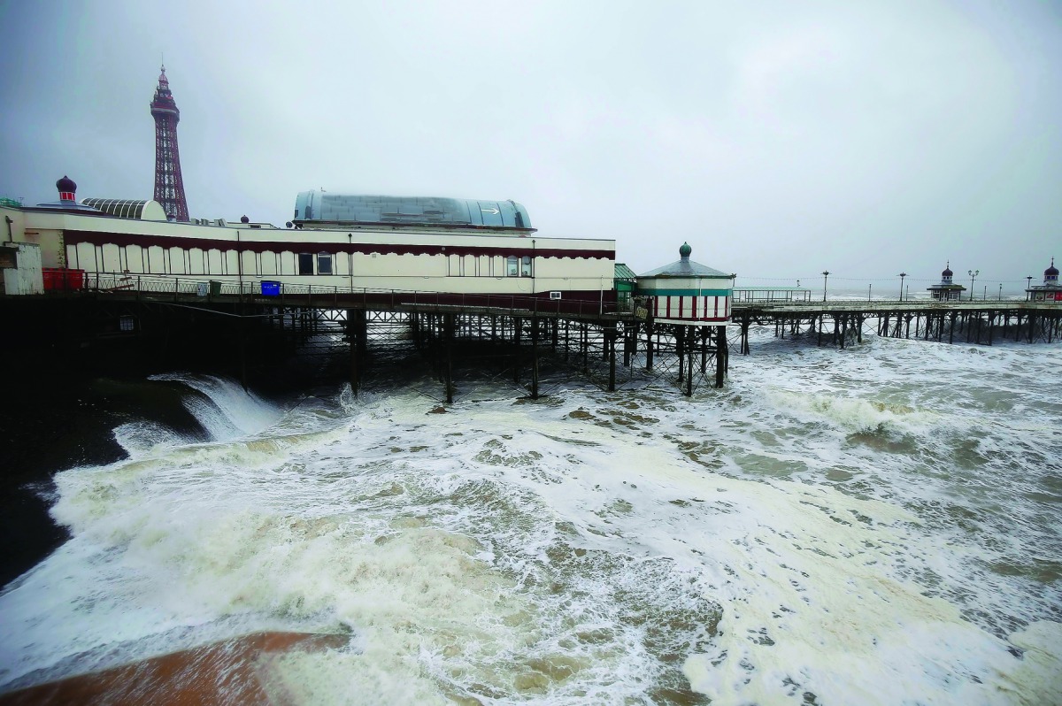 The sea whips up as Storm Doris blows into Blackpool, Britain, yesterday.
