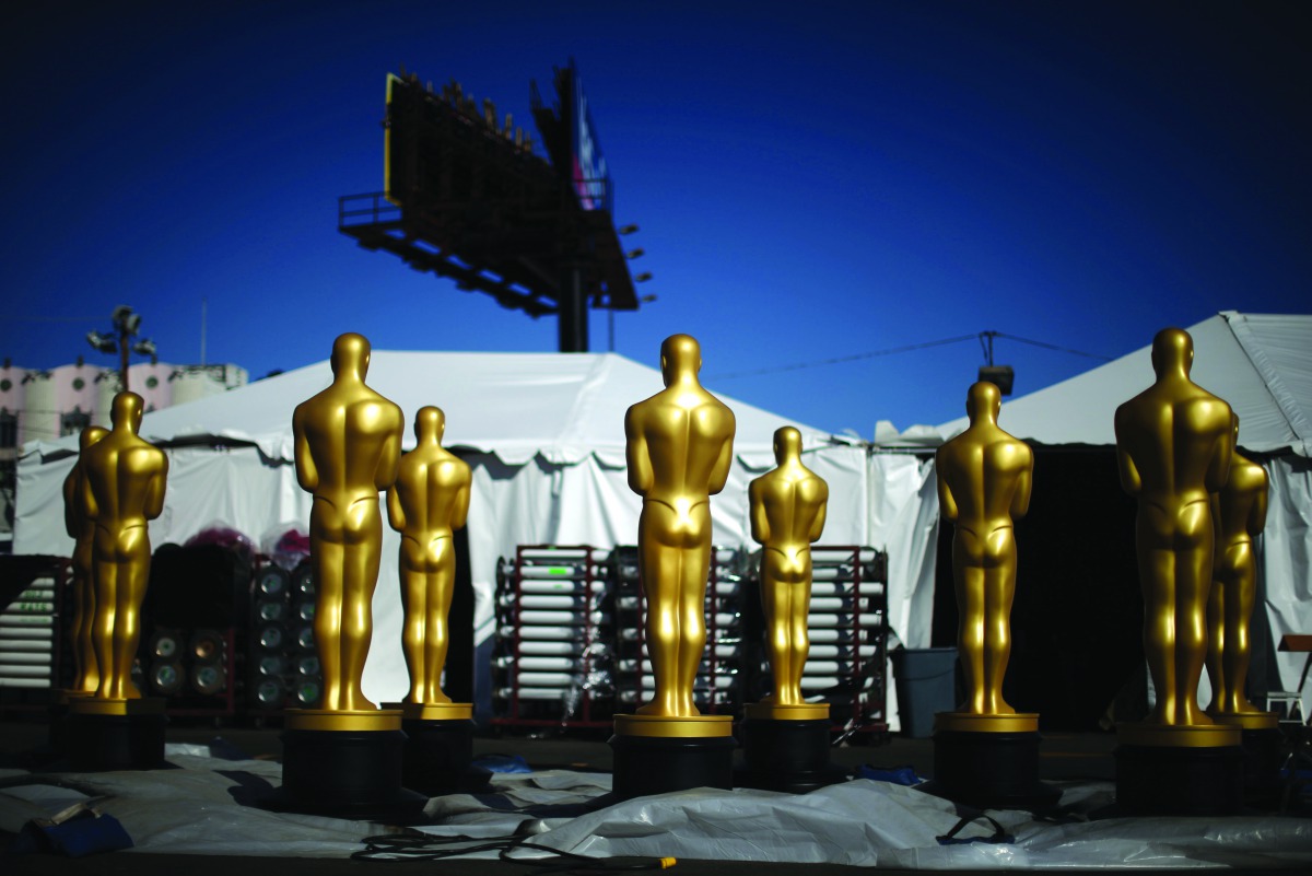 Freshly-painted Oscar statues at a parking lot outside the Dolby Theatre in Hollywood, Los Angeles, yesterday. 
