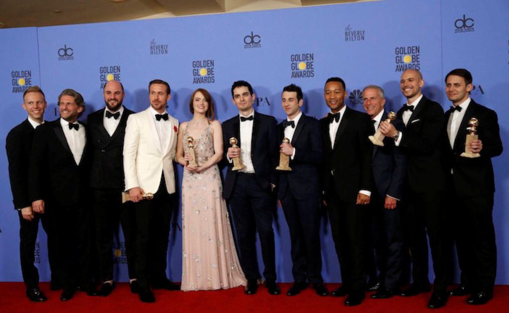 The cast and crew of ‘La La Land’ pose after winning the award for Best Motion Picture — Musical or Comedy among other awards backstage during the 74th Annual Golden Globe Awards in Los Angeles, January 8, 2017. Reuters pic.