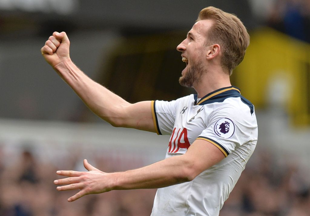 Tottenham Hotspur's English striker Harry Kane celebrates scoring his third goal to complete his hattrick during the English Premier League football match between Tottenham Hotspur and Stoke City at White Hart Lane in London, on February 26, 2017. AFP / O