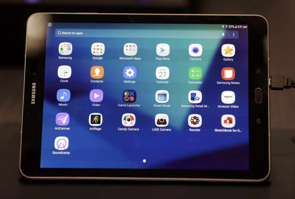 A new Tab S3 device is displayed at Samsung's booth during Mobile World Congress in Barcelona, Spain, February 27, 2017. REUTERS/Eric Gaillard