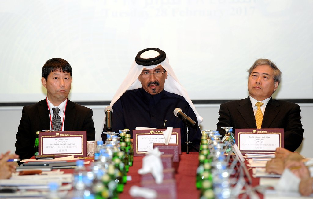 Mohammed bin Ahmed bin Towar Al Kuwari (middle), Vice Chairman, Qatar Chamber; Seiichi Otsuka (right), Japanese Ambassador to Qatar; and Masami Ando, Managing Director, JETRO, Dubai; addressing  the meeting of Japanese Delegation at the Qatar Chamber. Pho