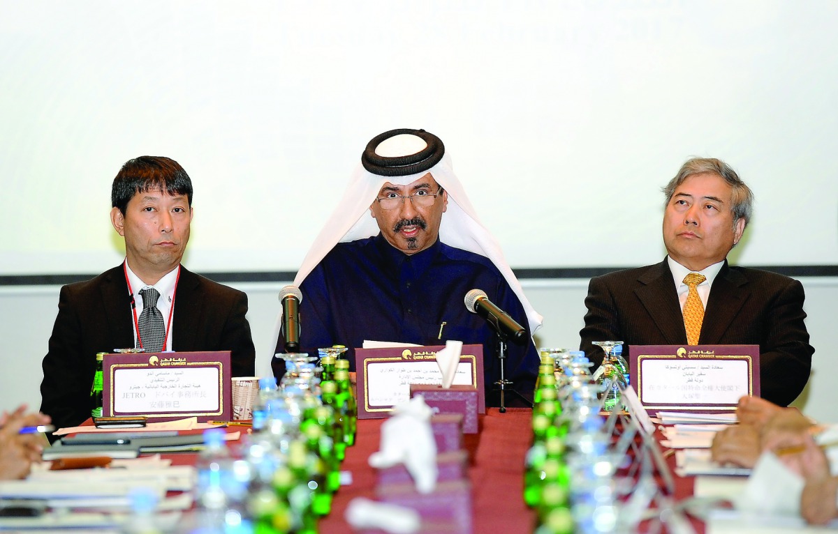 Mohammed bin Ahmed bin Towar Al Kuwari (centre), Vice Chairman, Qatar Chamber addressing the business networking session at Qatar Chamber yesterday.  Seiichi Otsuka (right), Japanese Ambassador to Qatar; and Masami Ando, Managing Director, JETRO, Dubai se