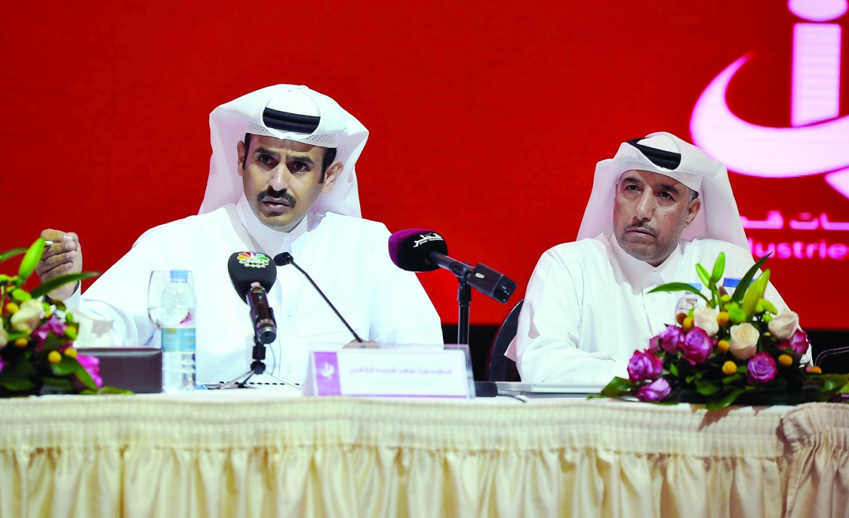 Saad Sherida Al Kaabi (left), Chairman and Managing Director of IQ and Mohammed Nasser Al Hajiri, Vice-Chairman of IQ during the Annual General Meeting of Industries Qatar in Doha yesterday. Pic: Abdul Basit / The Peninsula