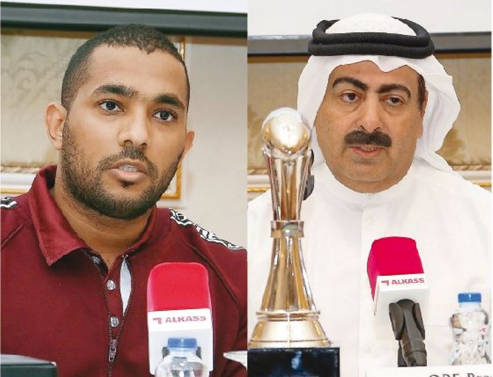 Qatar Rugby Sevens skipper Mubarak Al Malik (left) and Qatar Rugby Federation President Yousef Al Kuwari speak during a press conference ahead of the two-day Asia Rugby Sevens Trophy 2017 (ARST) which kicks off tomorrow at the Aspire Dome.