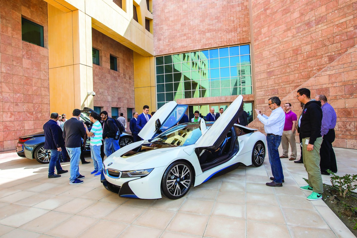 The BMW i8 seen showcased during a lecture and technical presentation at Texas A&M University at Qatar in Education City.