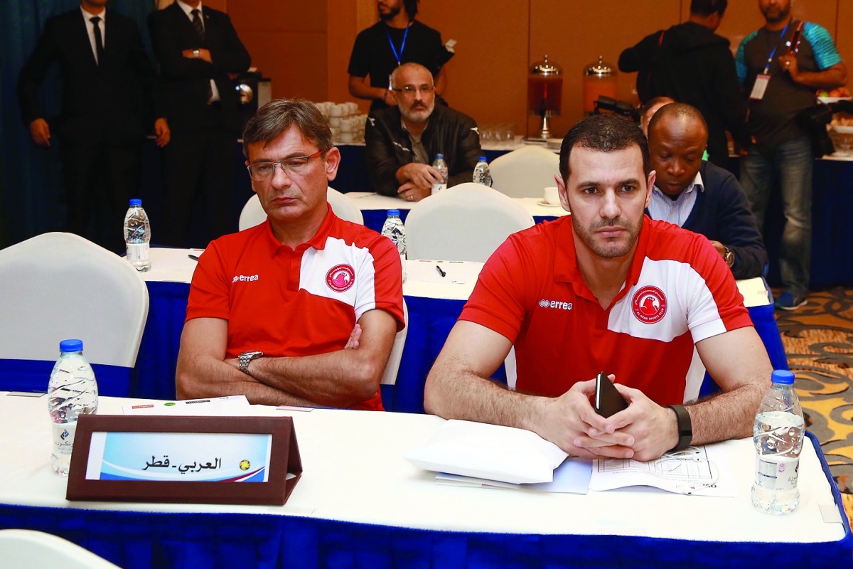 Officials of Al Arabi and Al Rayyan attend the technical committee meeting on the eve of the GCC Clubs Championship in Doha yesterday. Picture by: Mohammed Faraj