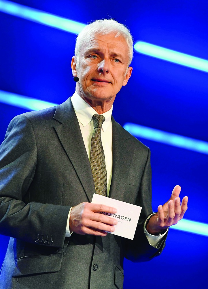 Volkswagen CEO Matthias Mueller speaks during an event ahead of the 87th International Motor Show at Palexpo in Geneva, Switzerland.