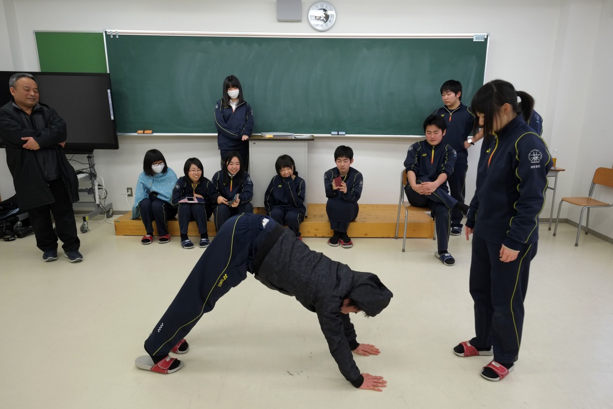 This picture taken on February 22, 2017 shows members of a theatre club at Futaba Future School during a practice session in Hirono, Fukushima prefecture. In the immediate aftermath of the Japan 2011 tsunami disaster which left 18,500 people dead or missi