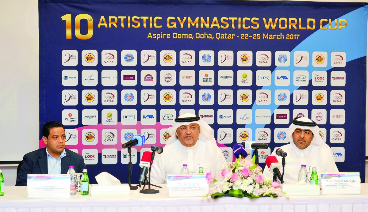 Ali Al Hitmi, President of Local Organising Committee for next week's FIG Artistic World Cup leg and President of Qatar Gymnastics 
Federation (QGF) addressing a press conference in Doha in the presence of Mohamed Al Maraghi, QGF board member and Anis Sa