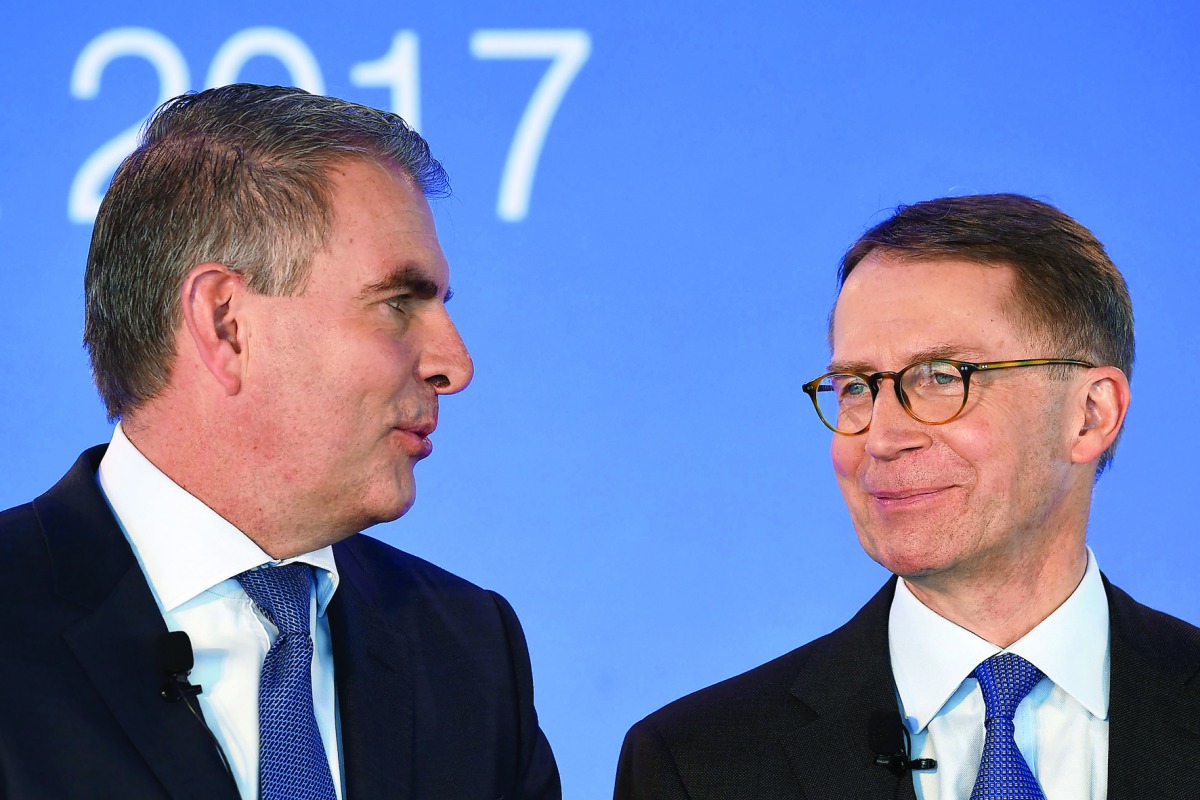 The CEO of Lufthansa AG, Carsten Spohr (left) and the CFO Ulrik Svensson during the annual press conference of the airline in Munich, Germany. 