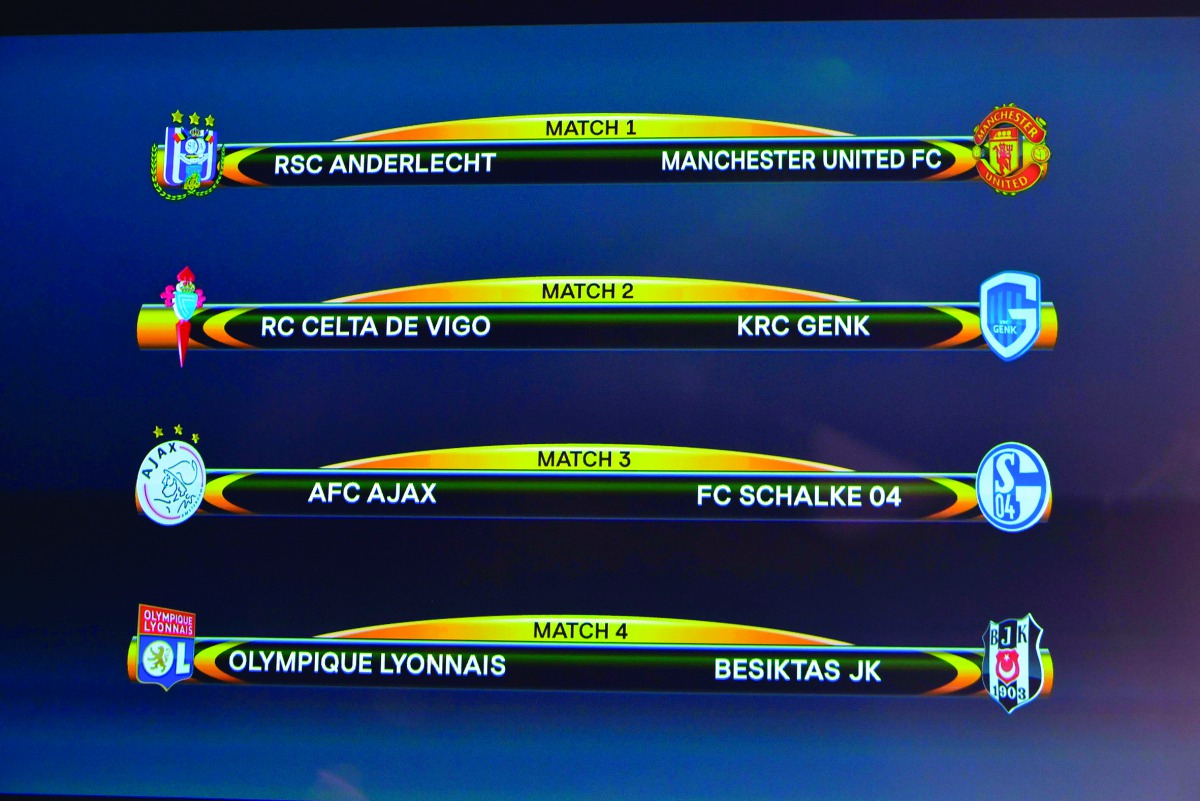 A screen displays the names of the clubs that will be facing each other during the quarter-final draw of the UEFA Europa League football tournament at the UEFA headquarters in Nyon, yesterday.