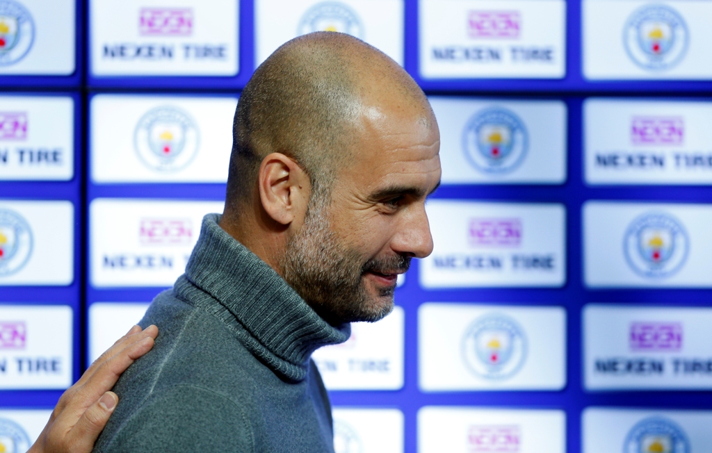 Manchester City manager Pep Guardiola during the announcement of a partnership with Nexen Tire. Reuters / Ed Sykes
