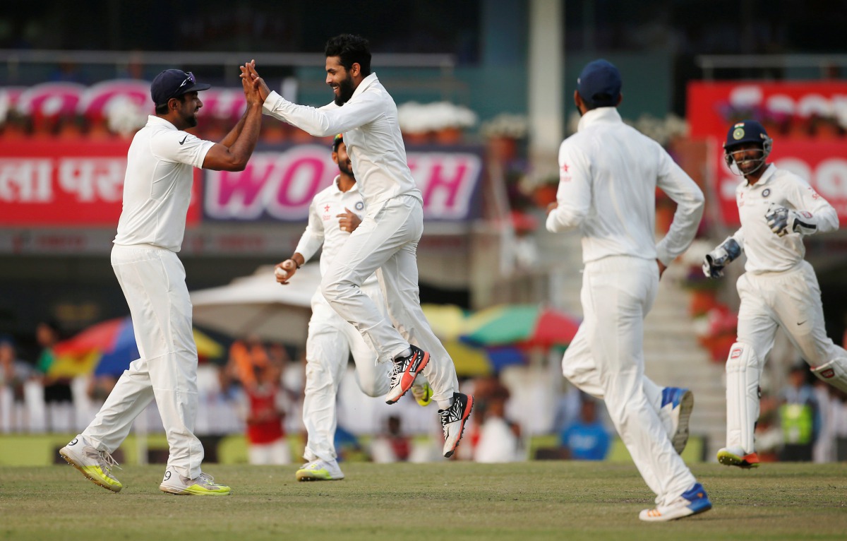 India's Ravindra Jadeja (2nd L) celebrates with his teammates after dismissing Australia's Nathan Lyon. (REUTERS/Adnan Abidi)