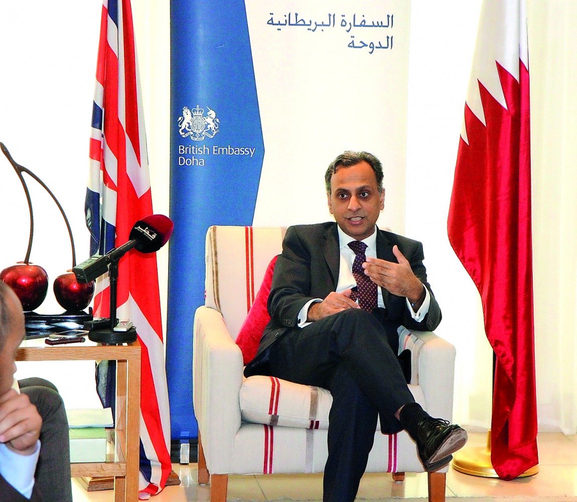British Ambassador to Qatar Ajay Sharma addressing the media at the British embassy yesterday.