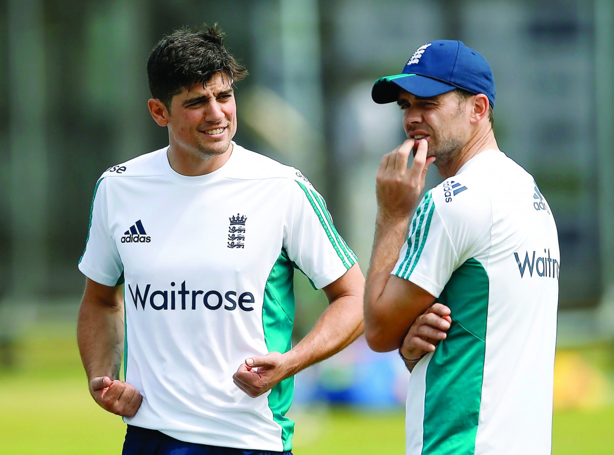 England captain Alastair Cook (left) and and James Anderson during nets yesterday at the Lord’s ahead of the third and final Test against Sri Lanka