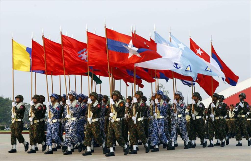 NAY PYI TAW, MYANMAR – MARCH 27: Myanmarese army march during a military parade marking the 72nd Armed Forces Day in political capital, Nay Pyi Taw, Myanmar on March 27, 2017. ( Lamin Tun - Anadolu Agency ).