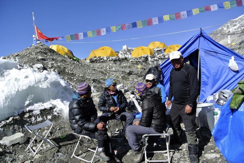 FILE PHOTO: Sherpas sit at the Mount Everest base camp in April 2014. REUTERS/Phurba Tenjing Sherpa
