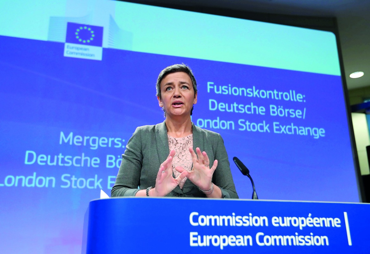 European Competition Commissioner Margrethe Vestager holds a news conference after EU antitrust regulators blocked the proposed merger of Deutsche Boerse and the London Stock Exchange yesterday.