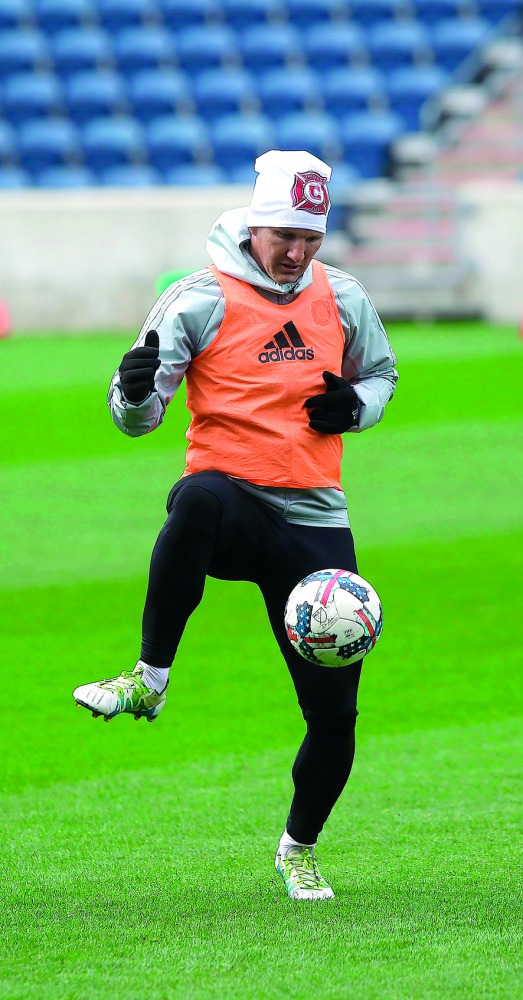 Chicago Fire midfielder Bastian Schweinsteiger practices with his new team at Toyota Park in Bridgeview, Illinois on Wednesday.