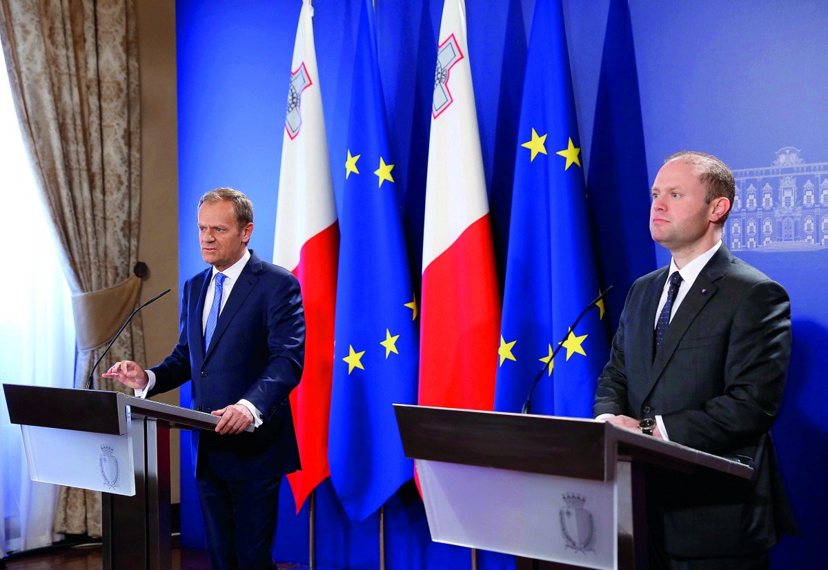 President of the European Council Donald Tusk (left) and Malta's Prime Minister Joseph Muscat during a joint news conference about Brexit in Valletta, Malta, yesterday.