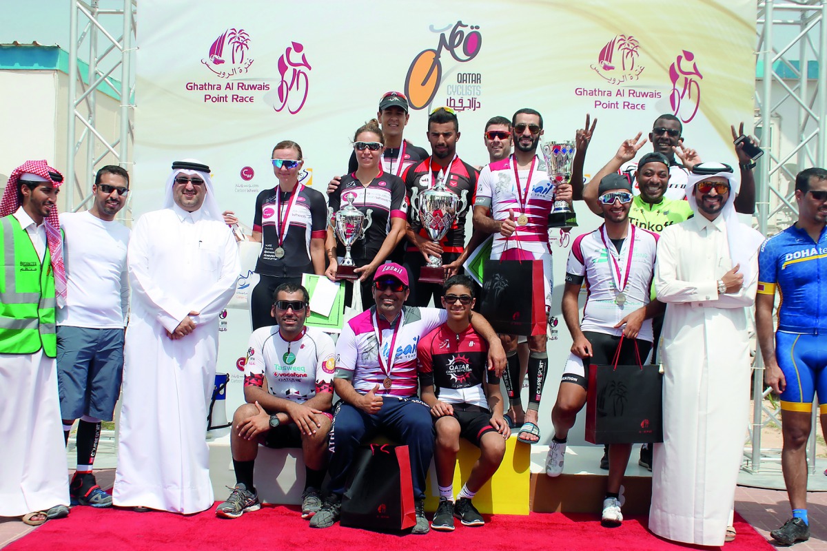 The podium winners at the Ghathra Al Ruwais Point Race pose for a picture in Doha
