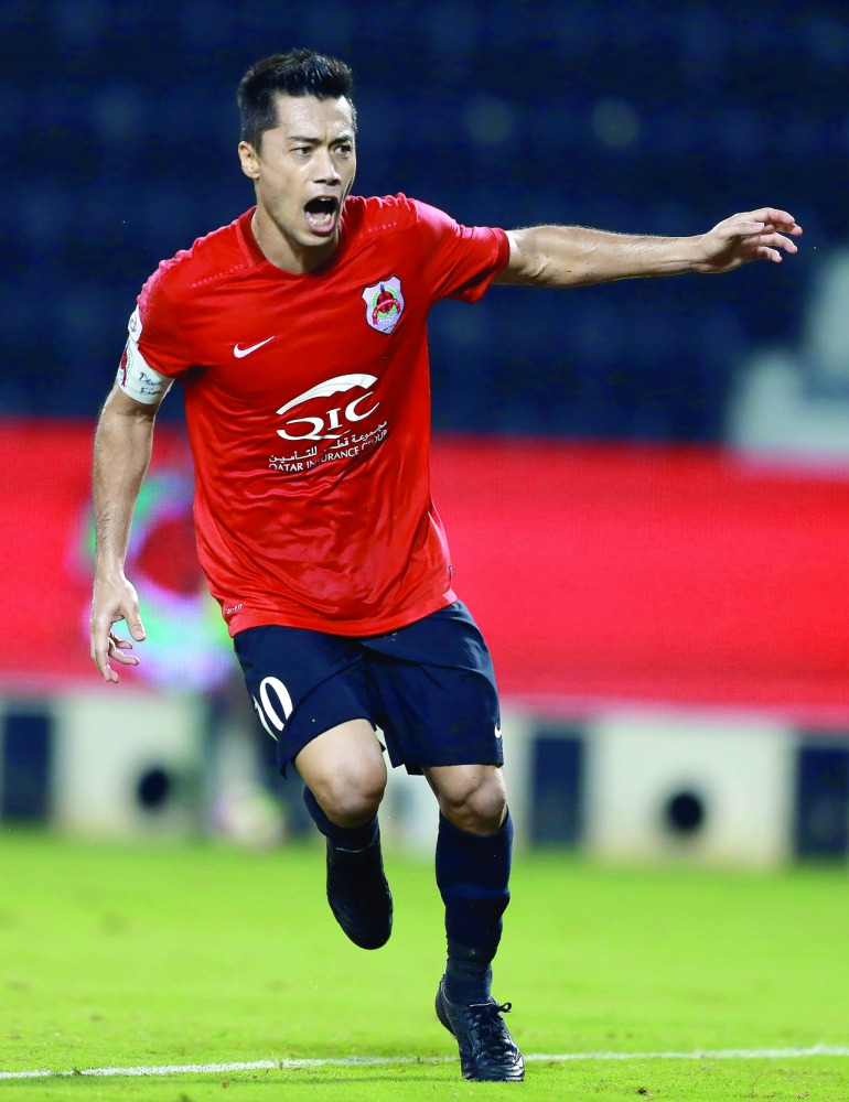 Rodrigo Tabata of Al Rayyan celebrates on scoring a goal in the Qatar Stars League in this file picture. Tabata has been named the QSL Player of the Month.