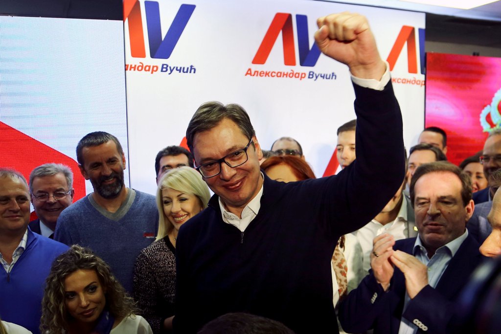 Serbian Prime Minister and presidential candidate Aleksandar Vucic celebrates his win in presidential election at his headquarters in Belgrade, Serbia, April 2, 2017. REUTERS/Antonio Bronic

