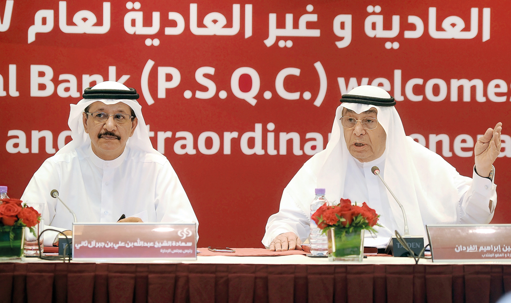 Sheikh Abdulla bin Ali bin Jabor Al Thani (left), Chairman of CBQ with Hussain Ibrahim Al Fardan, Vice Chairman and Managing Director CBQ during AGM held at Commercial Bank Plaza, yesterday. Pic: Abdul Basit/ The Peninsula