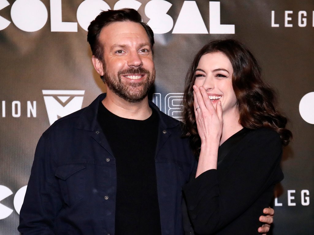 Cast members Anne Hathaway and Jason Sudeikis pose at the premiere of the movie 