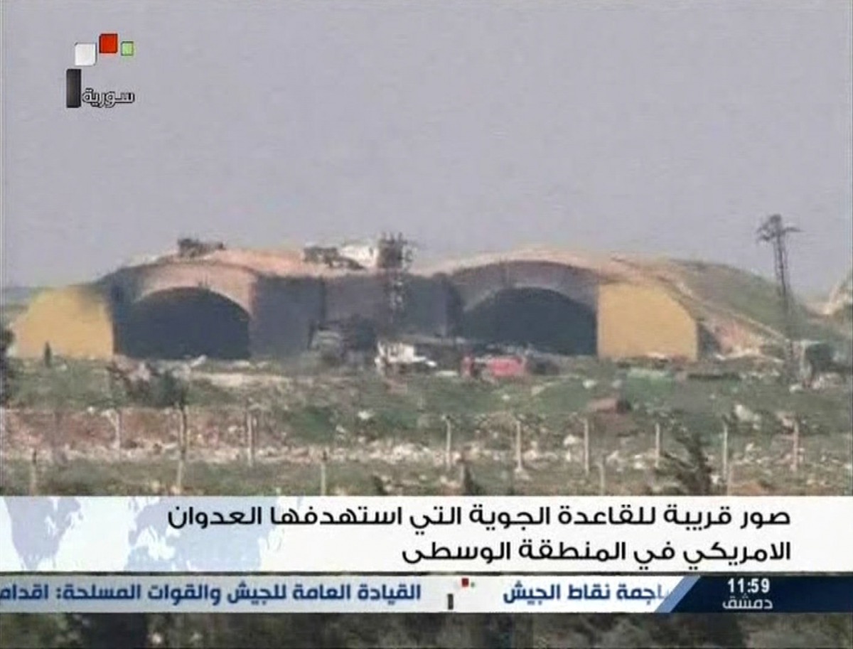 A still image taken from a video broadcast on Syrian state television on April 7, 2017, shows a Syrian army airbase that was hit by a U.S. strike near the city of Homs, Syria. 