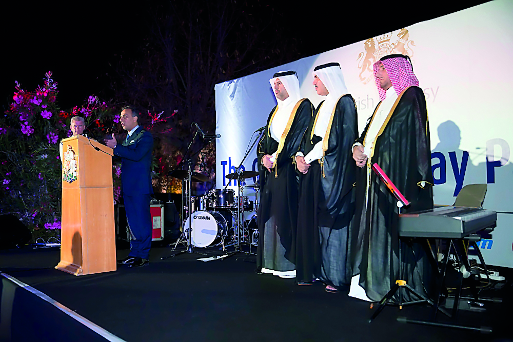 Minister of Economy and Commerce, H E Sheikh Ahmed bin Jassim bin Mohammed Al Thani and Minister of Municipality and Environment, H E Mohammed bin Abdullah Al Rumaihi with British Ambassador Ajay Sharma at the function.
