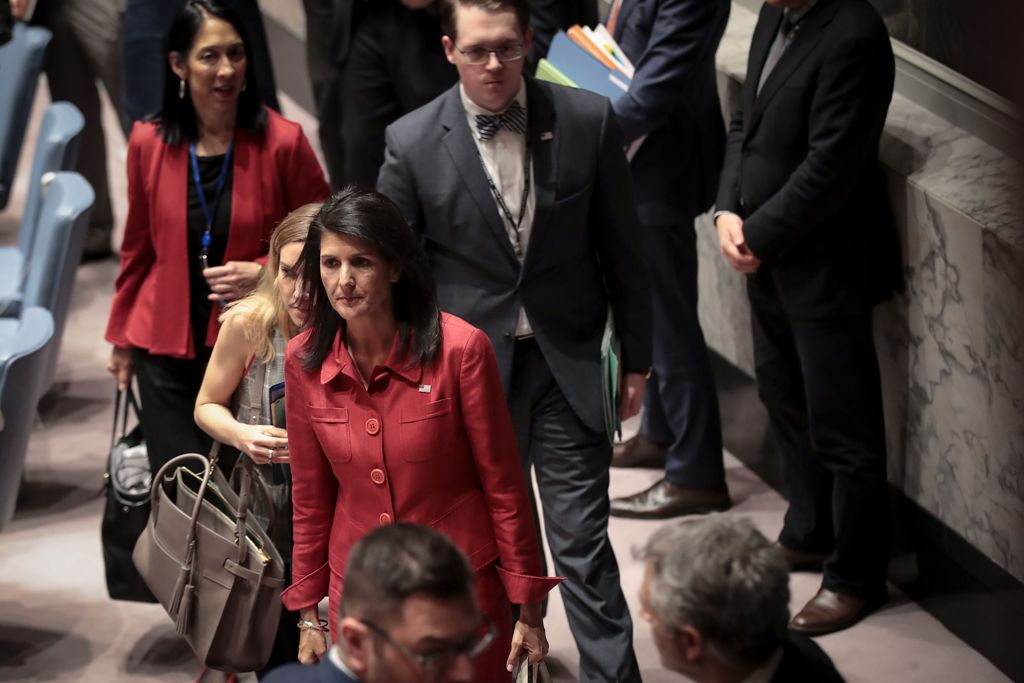 NEW YORK, NY - APRIL 7: U.S. Ambassador to the United Nations Nikki Haley exits at the conclusion of a meeting of the United Nations Security Council concerning the situation in Syria, at UN headquarters, April 7, 2017 in New York City. / AFP.