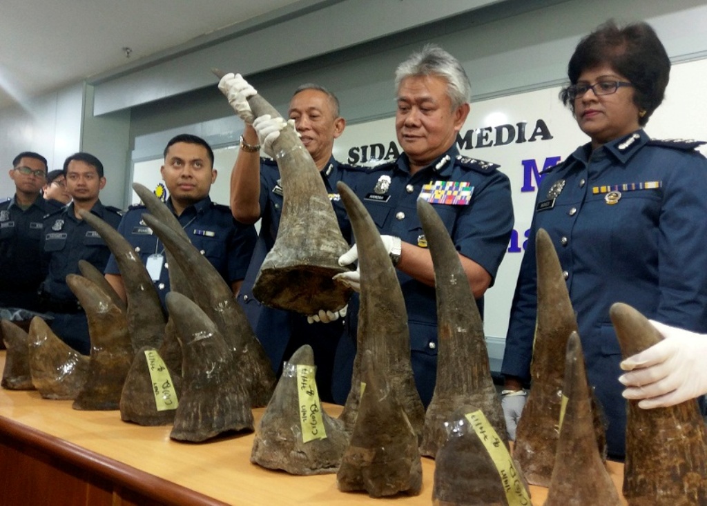 KLIA customs director-general Hamzah Sundang (second from right) poses with rhino horns that were seized on April 7 from Mozambique to Kuala Lumpur via Doha, during a news conference at the airport in Sepang April 10, 2017. — Reuters pic.