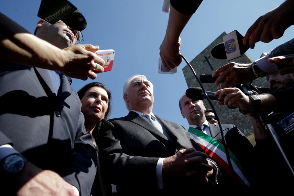 U.S. Secretary of State Rex Tillerson, (C) talks to reporters during a ceremony at the Sant'Anna di Stazzema memorial, dedicated to the victims of the massacre committed in the village of Sant'Anna di Stazzema by the Nazis in 1944 during World War II, Ita