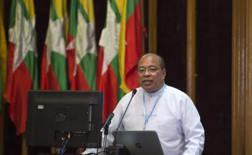 Myanmar's national security advisor Thaung Tun at a briefing held in Yangon on April 11, 2017. Tun told reporters that Myanmar has started the process of shutting three displacement camps in Rakhine State where hundreds of people have lived since sectaria