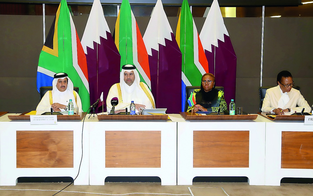 Minister of Economy and Commerce, H E Sheikh Ahmed bin Mohammed Jassim Al Thani (second left), and Sheikh Khalifa bin Jassim bin Mohammed Al Thani (left), Chairman of Qatar Chamber at the forum.