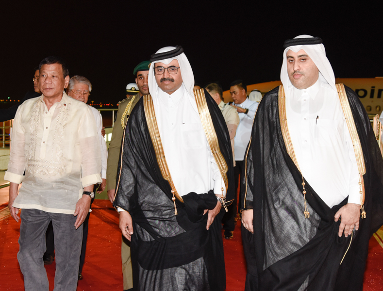 President of the Republic of the Philippines Rodrigo Duterte being received at the Hamad International Airport by Minister of Energy and Industry H E Dr Mohammed bin Saleh Al Sada