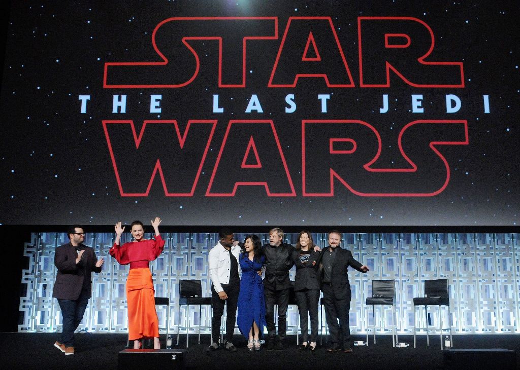 Josh Gad, Daisy Ridley, Kelly Marie Tran, Mark Hamill, Katheen Kennedy and Rian Johnson attend the Star Wars: The Last Jedi panel during the 2017 Star Wars Celebration at Orange County Convention Center on April 14, 2017 in Orlando, Florida. AFP /  GERARD