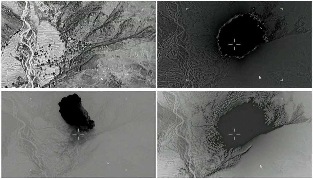 A combination of still images taken from a video released by the U.S. Department of Defense on April 14, 2017 shows (clockwise) the explosion of a MOAB, or 