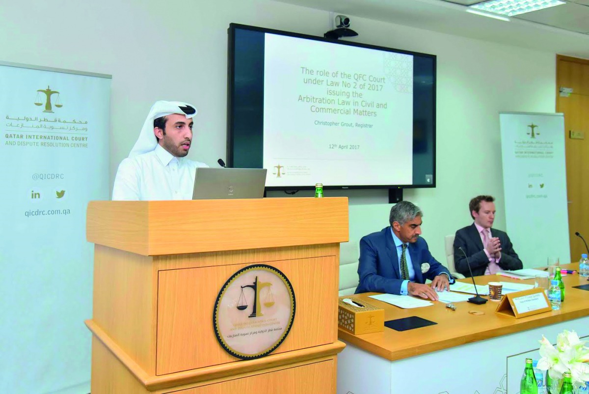 Faisal Rashid Al Sahouti (left), CEO of QICDRC, speaks during the event. 