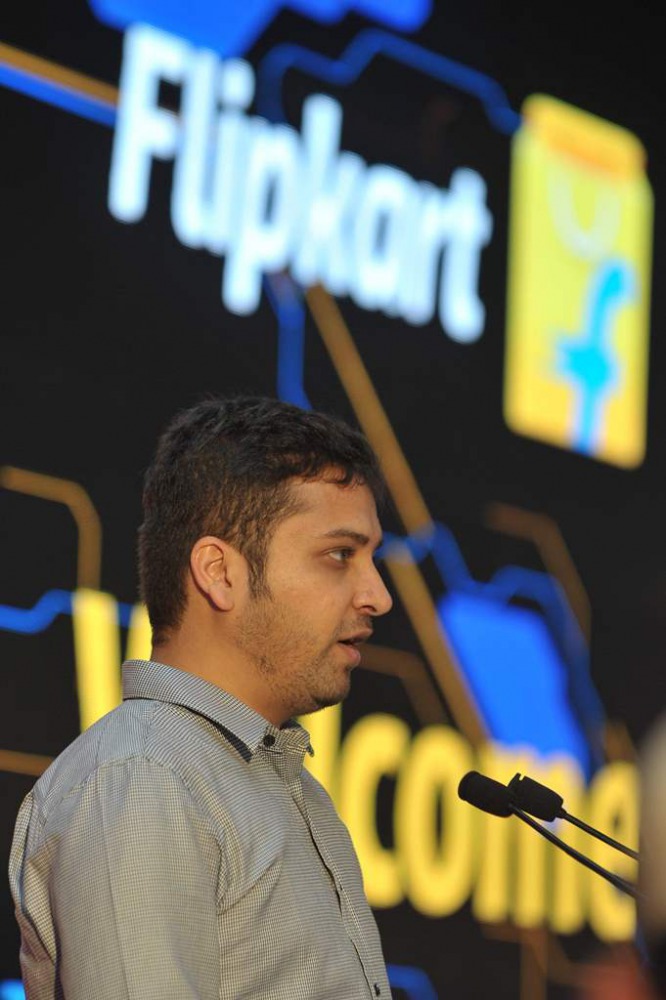 (FILES) This file photo taken on October 30, 2015 shows Chief Operating Officer and Co-Founder of Flipkart Binny Bansal speaking during the launch of Flipkart's Largest Fulfillment Centre on the outskirts of Hyderabad. AFP / NOAH SEELAM 