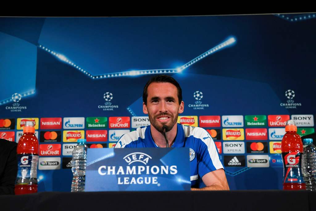 Leicester City's Austrian defender Christian Fuchs attends a press conference at Leicester City's training complex in Leicester, central England, on April 17, 2017 ahead of their UEFA Champions League quarter-final second leg football match against Spanis
