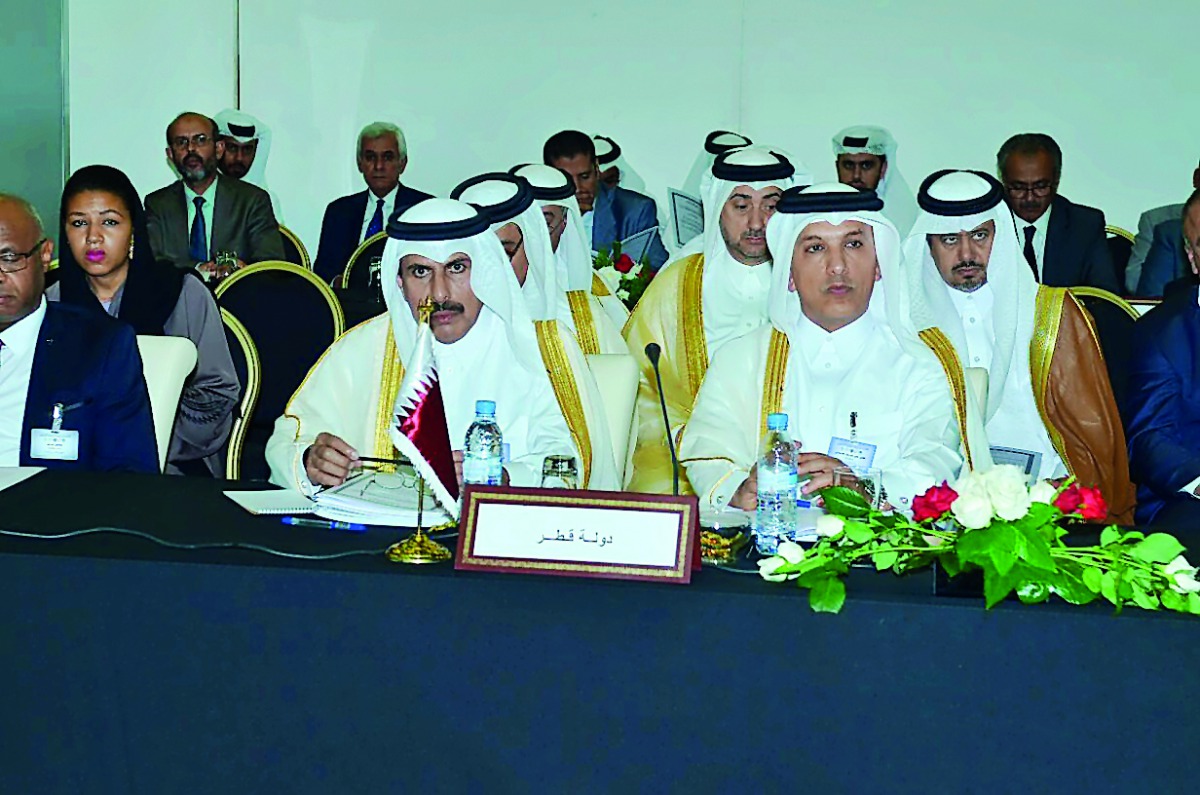 Minister of Finance H E Ali Shareef Al Emadi (rigth, first row); Qatar Central Bank Governor H E Sheikh Abdullah bin Saud Al Thani, and other senior officials attending the meeting.  