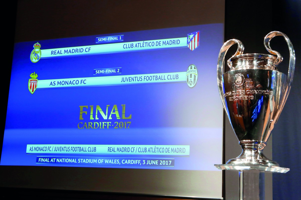 A screen displaying the draw of the UEFA Champions League semi-finals in Nyon, Switzerland