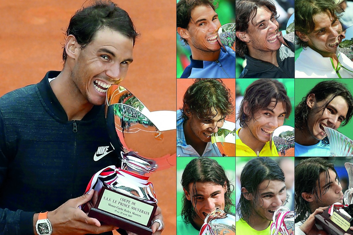 A combination of pictures shows Spain's Rafael Nadal celebrating with the trophy after he won the Monte-Carlo ATP Masters Series Tournament final in Monaco yesterday for a record tenth time. Right: Nadal celebrating his earlier nine wins at the Monte Carl
