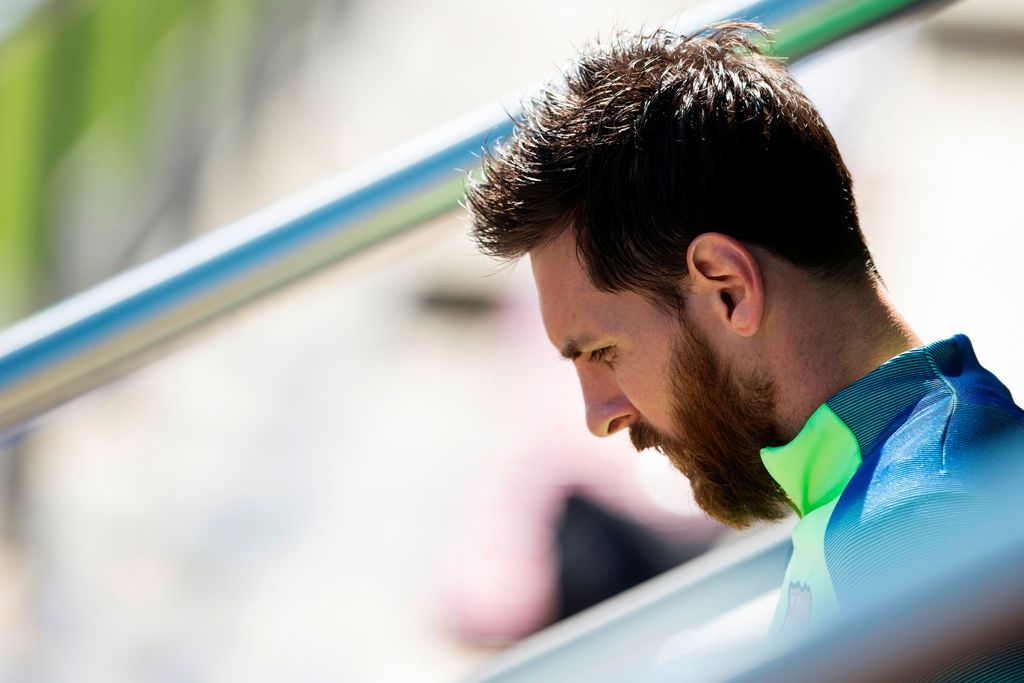 Barcelona's Argentinian forward Lionel Messi looks down as he arrives for a training session at the Sports Center FC Barcelona Joan Gamper in Sant Joan Despi, near Barcelona on April 22, 2017 on the eve of their Spanish League Clasico football match Real 